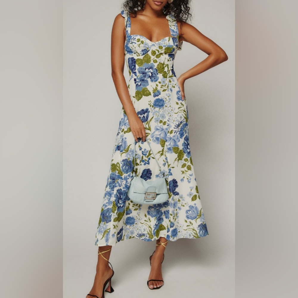 Reformation Nadira Dress, Floral Midi Dress, white with blue and green, size 6